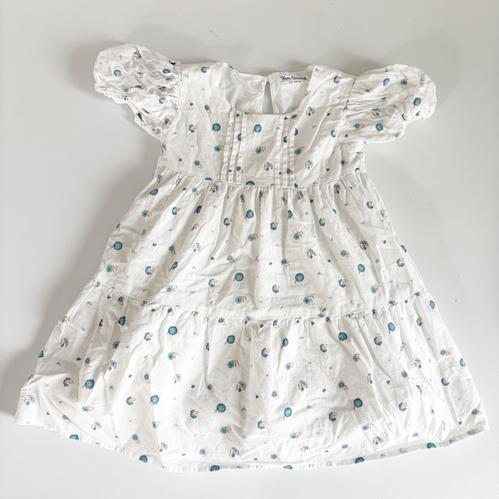 Mon Caramel Girls Floral Linen Blend Cottagecore Tiered Puff Sleeve Dress 4T